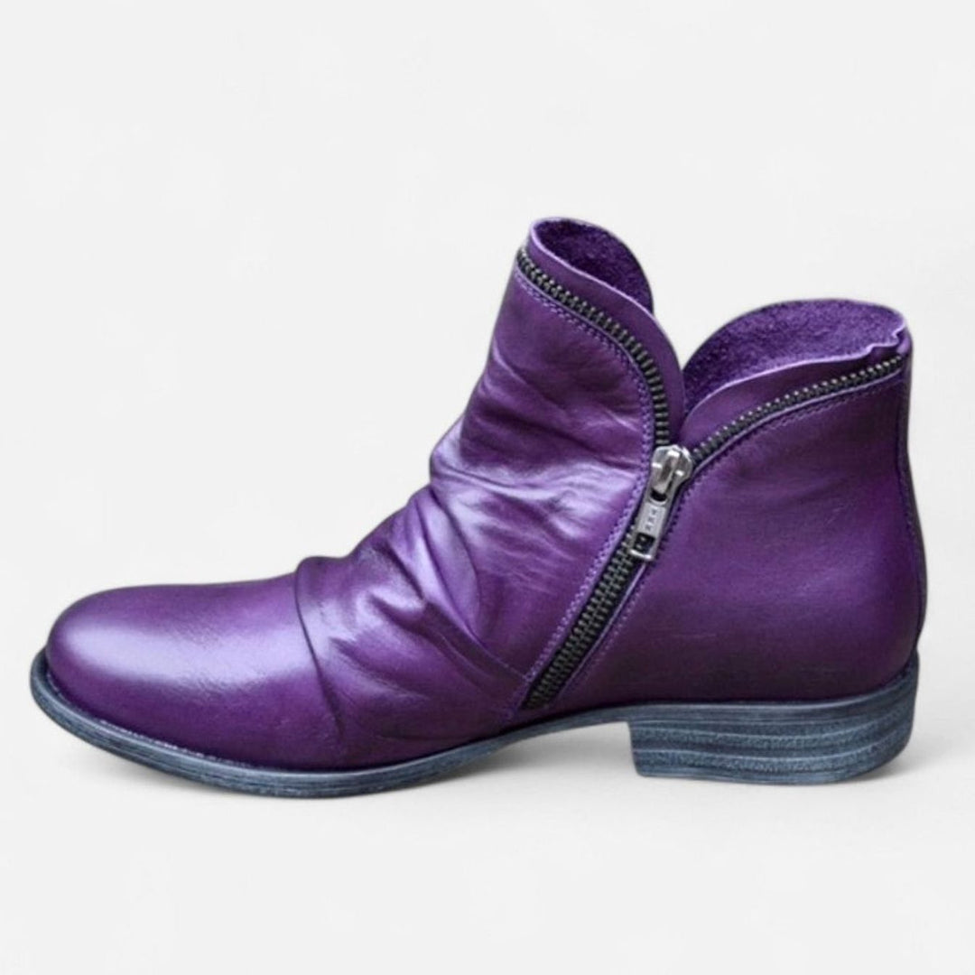 Women's Orthopaedic Leather Ankle Boots Side-Zip Ruched - Purple