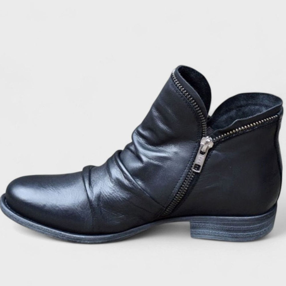Women's Orthopaedic Leather Ankle Boots Side-Zip Ruched - Black