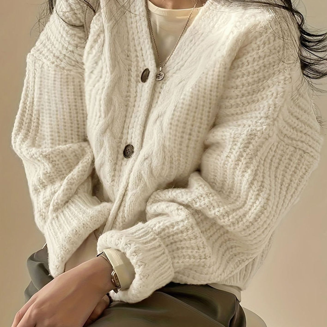 Women's Oversized Cable-Knit Button-Front Cardigan Jumper - Apricot