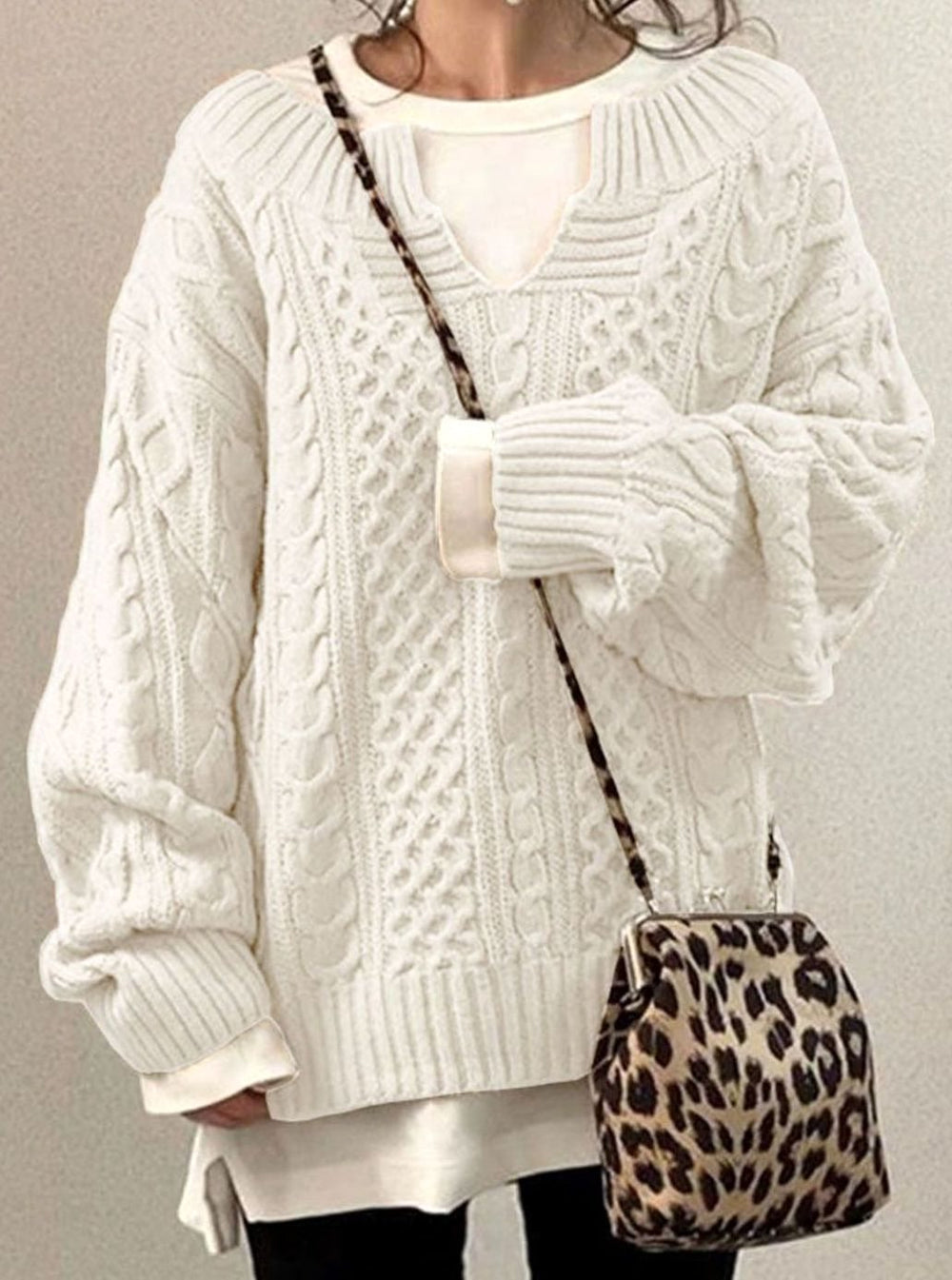 Women's Oversized Cable Knit Jumper V-Neck Pullover - White