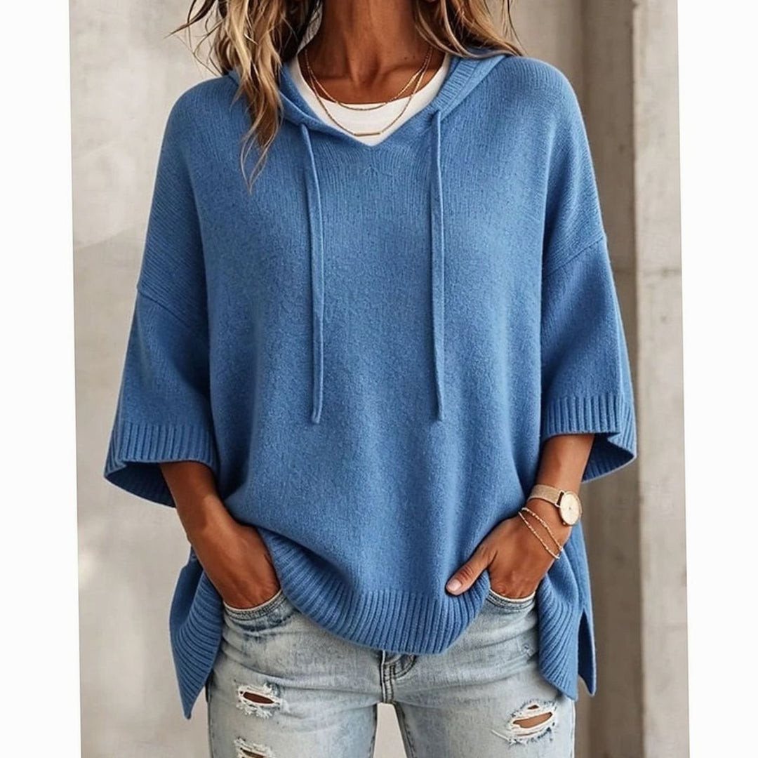Women's Relaxed-Fit Hooded Knit Drawstring Jumper - Blue