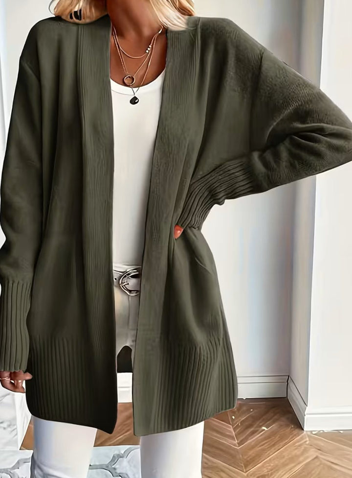 Women's Relaxed Open-Front Knit Cardigan Jumper - Olive Green