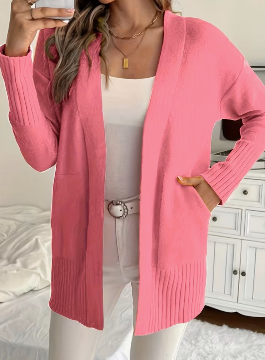 Women's Relaxed Open-Front Knit Cardigan Jumper - Magenta