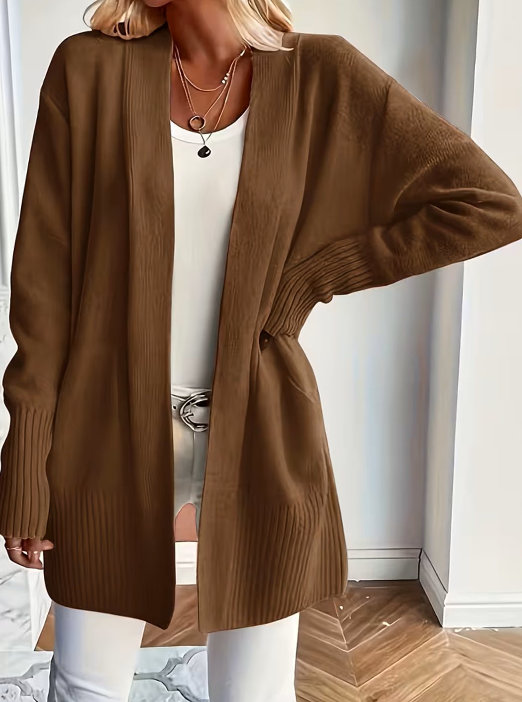 Women's Relaxed Open-Front Knit Cardigan Jumper - Coffee Brown