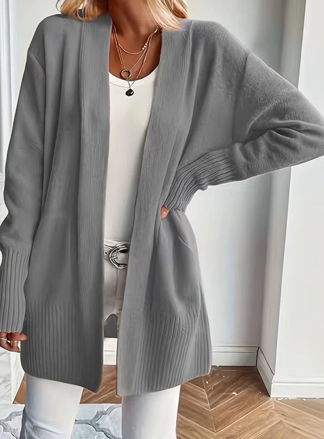 Women's Relaxed Open-Front Knit Cardigan Jumper - Grey