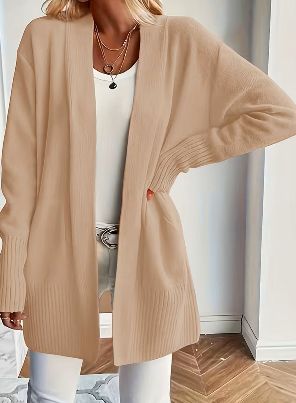 Women's Relaxed Open-Front Knit Cardigan Jumper - Khaki