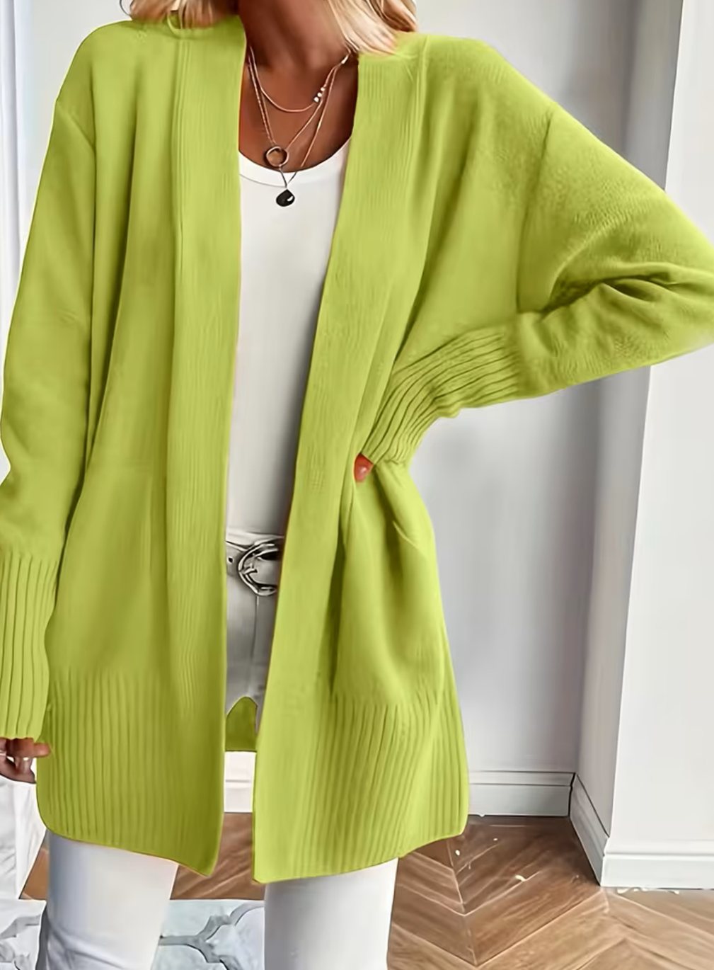 Women's Relaxed Open-Front Knit Cardigan Jumper - Greenish Yellow