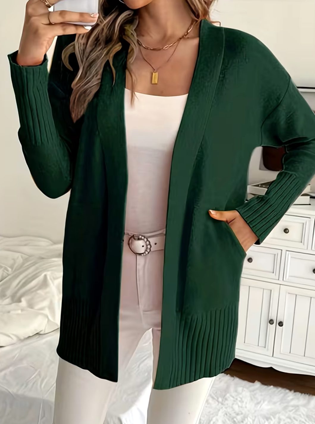 Women's Relaxed Open-Front Knit Cardigan Jumper - Dark Green