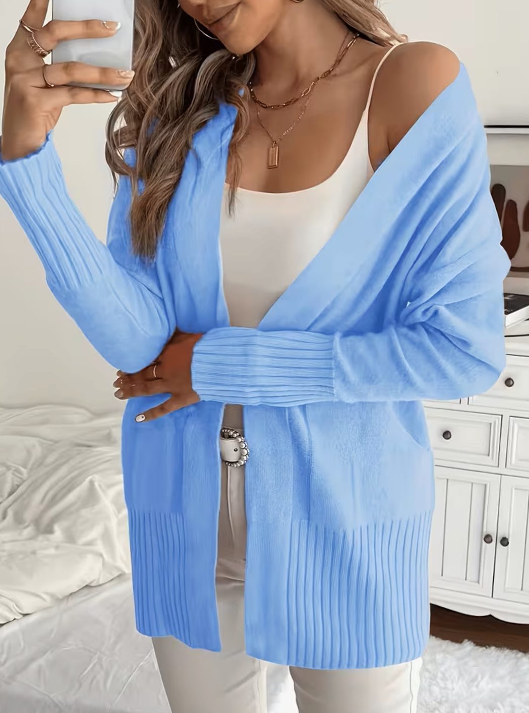 Women's Relaxed Open-Front Knit Cardigan Jumper - Vibrant Blue