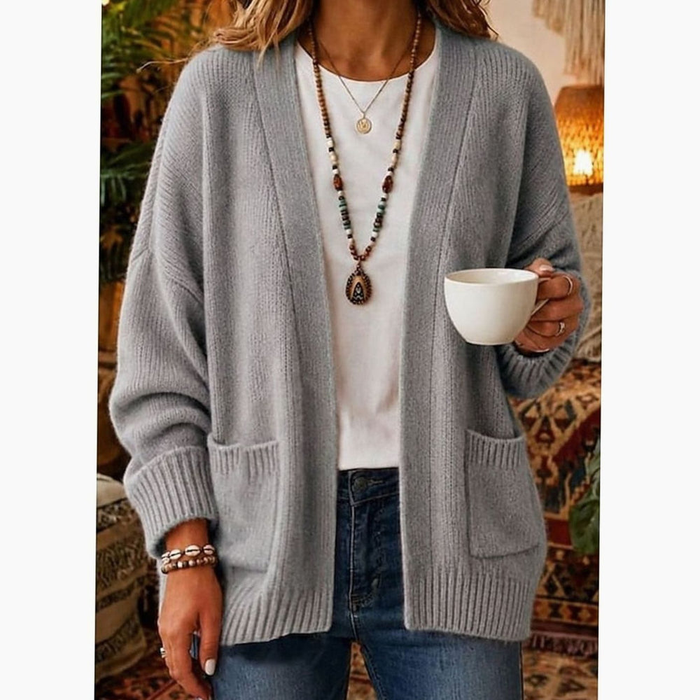 Women's Relaxed Open-Front Knit Cardigan with Pockets - Grey