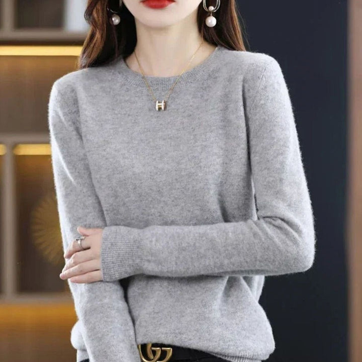 Women's Soft Cashmere Round-Neck Long-Sleeve Knit Jumper - Grey