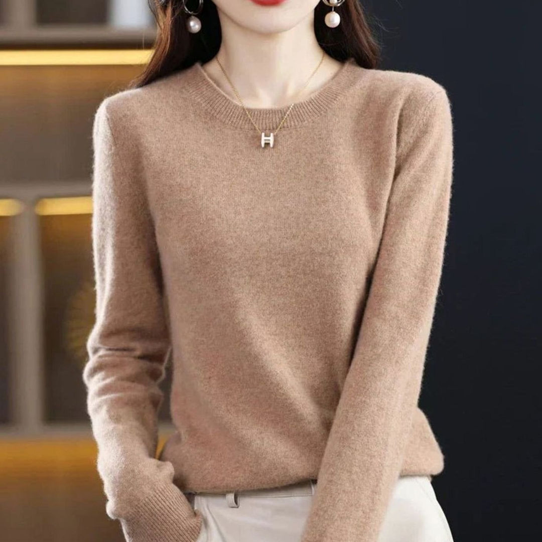 Women's Soft Cashmere Round-Neck Long-Sleeve Knit Jumper - Deep Camel Brown