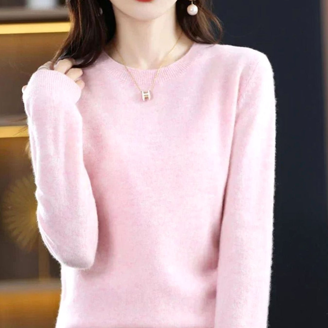 Women's Soft Cashmere Round-Neck Long-Sleeve Knit Jumper - Light Pink