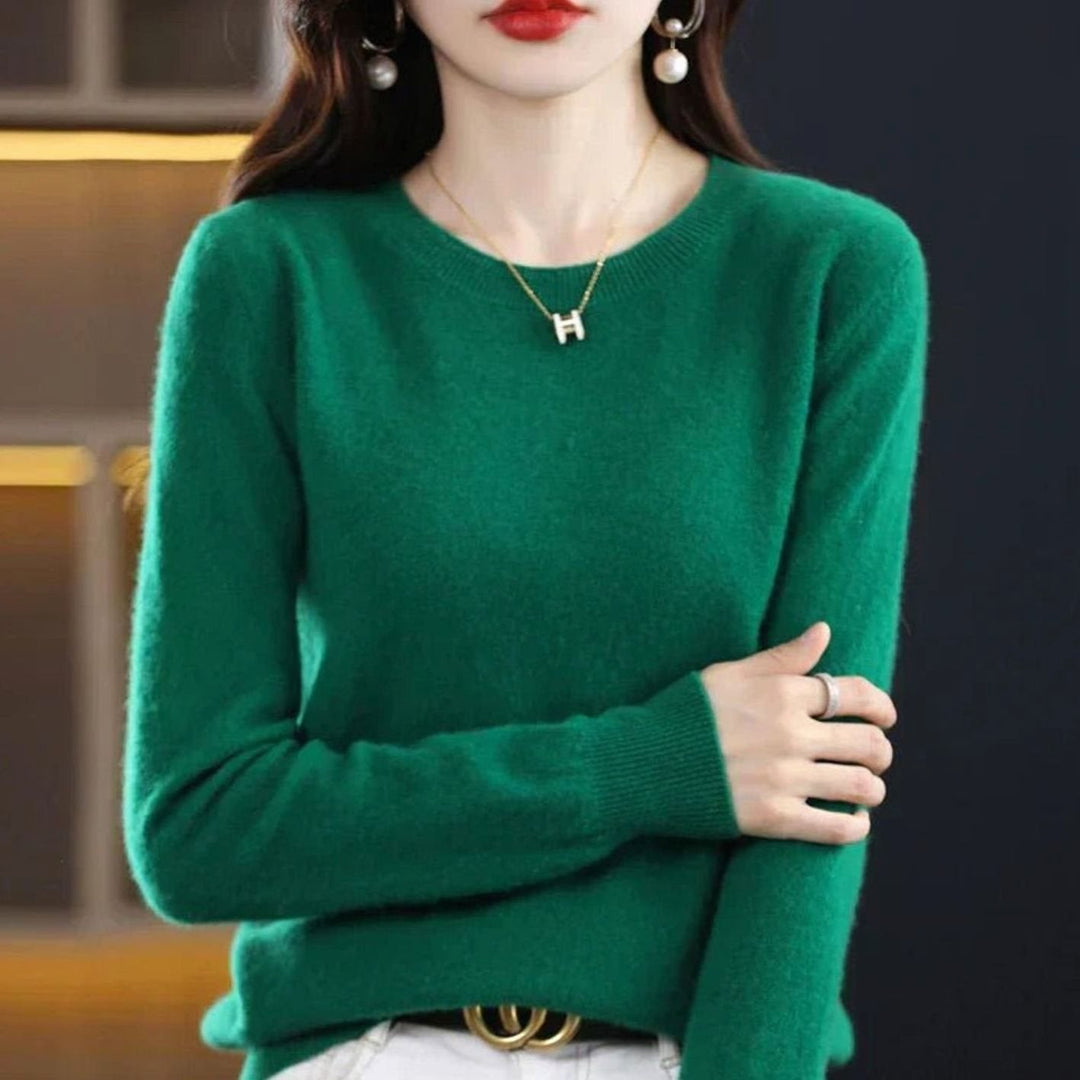 Women's Soft Cashmere Round-Neck Long-Sleeve Knit Jumper - Dark Green