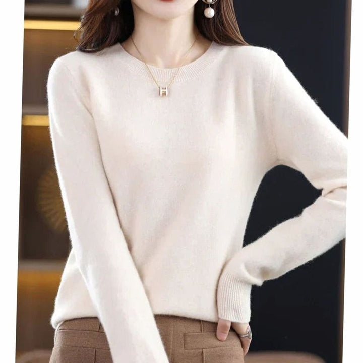 Women's Soft Cashmere Round-Neck Long-Sleeve Knit Jumper - Beige