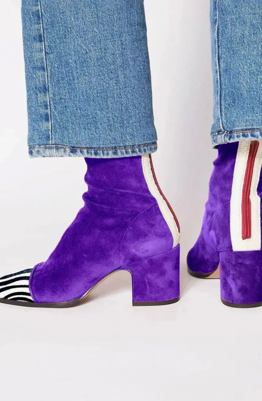 Women's Square-Toe Block-Heel Suede Contrast-Panel Ankle Boots - Purple