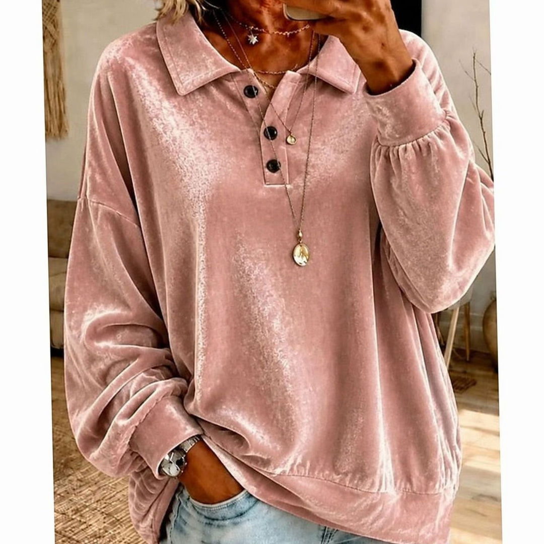 Women's Velvet Collared Button-Placket Relaxed Pullover Jumper - Pink