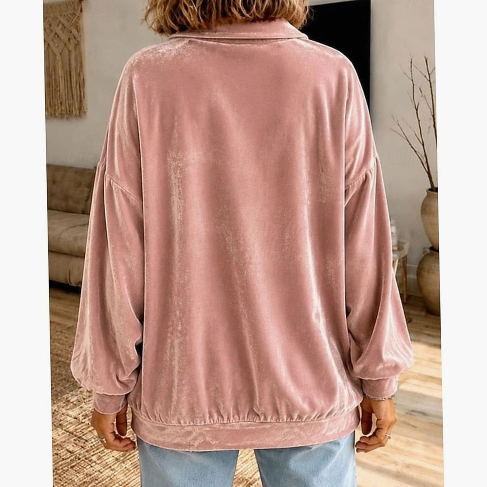 Women's Velvet Collared Button-Placket Relaxed Pullover Jumper